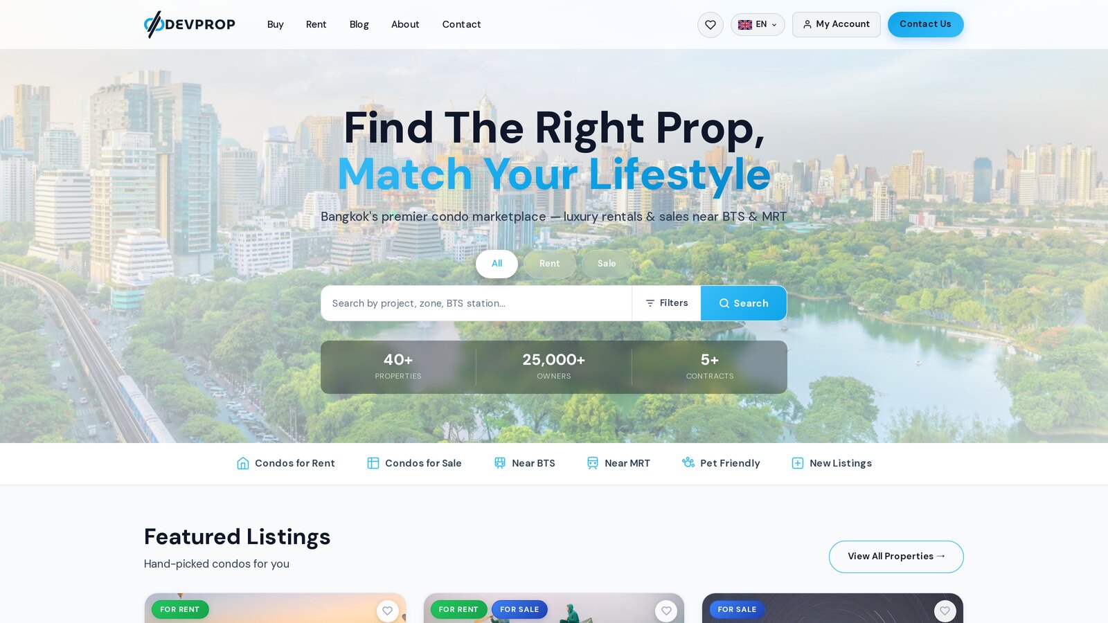 DevProp public website homepage with hero search and featured listings