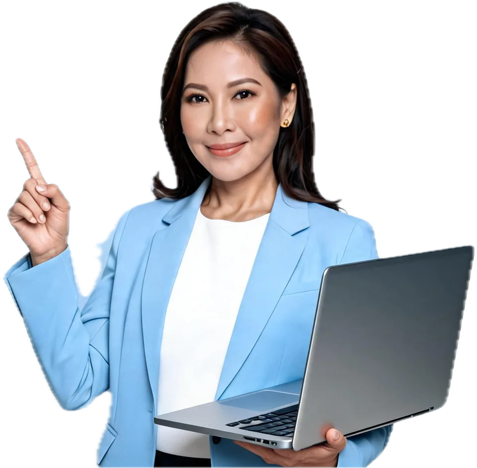 Thai real-estate agent presenting the DevProp CRM, laptop in hand