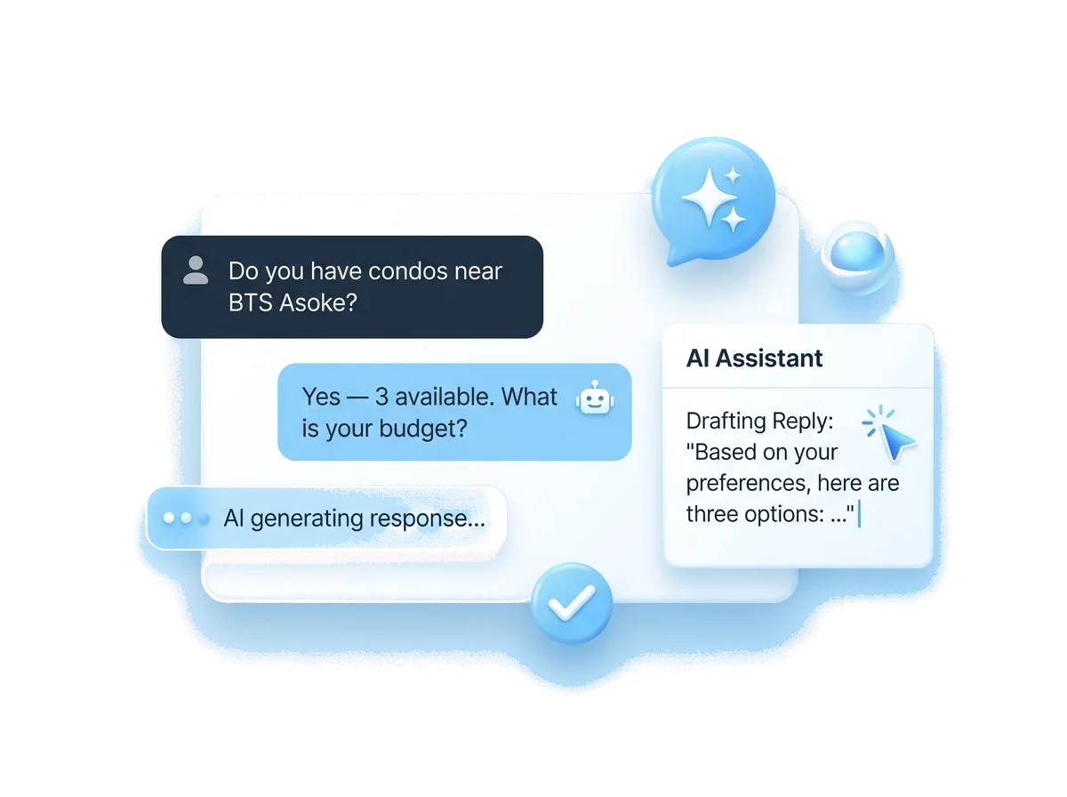 Nisa AI chat qualifying a website visitor while the AI assistant drafts an agent reply in the CRM