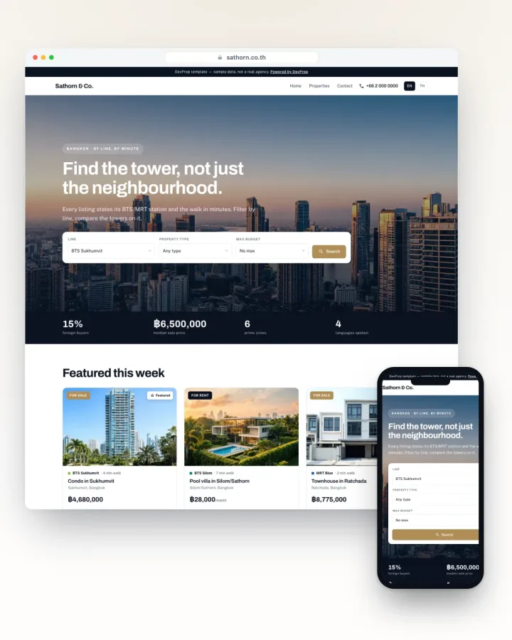 Bangkok condo agency website template, transit-first layout