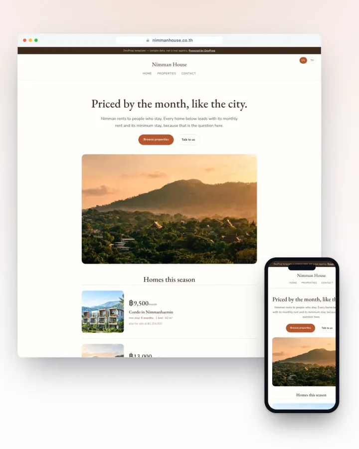 Chiang Mai rental agency website template, monthly-first journal