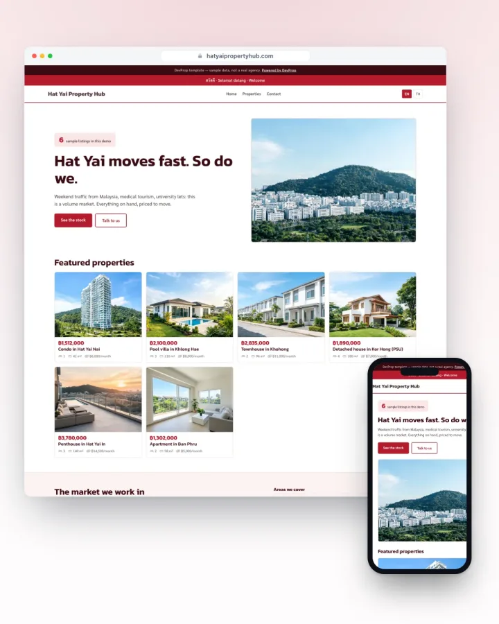 Hat Yai agency website template, dense trilingual volume grid