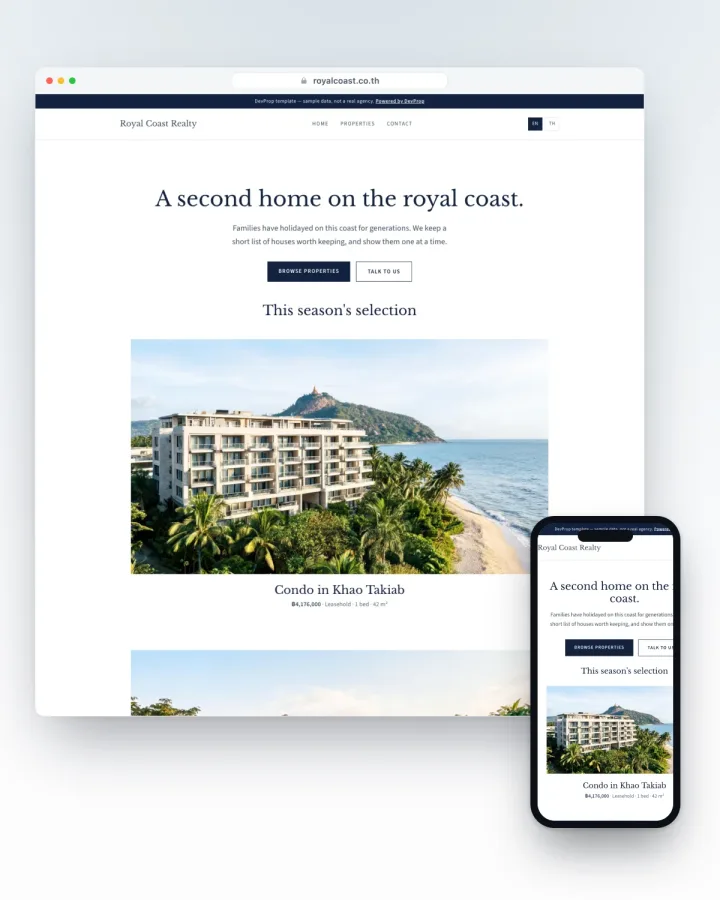 Hua Hin second-home agency website template, lookbook plates