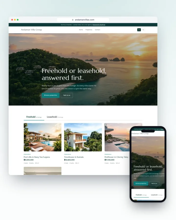 Phuket villa agency website template, tenure-first tabs