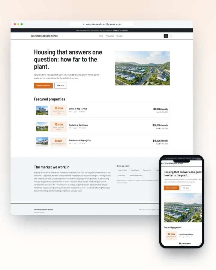 Rayong EEC housing agency website template, commute-first specs